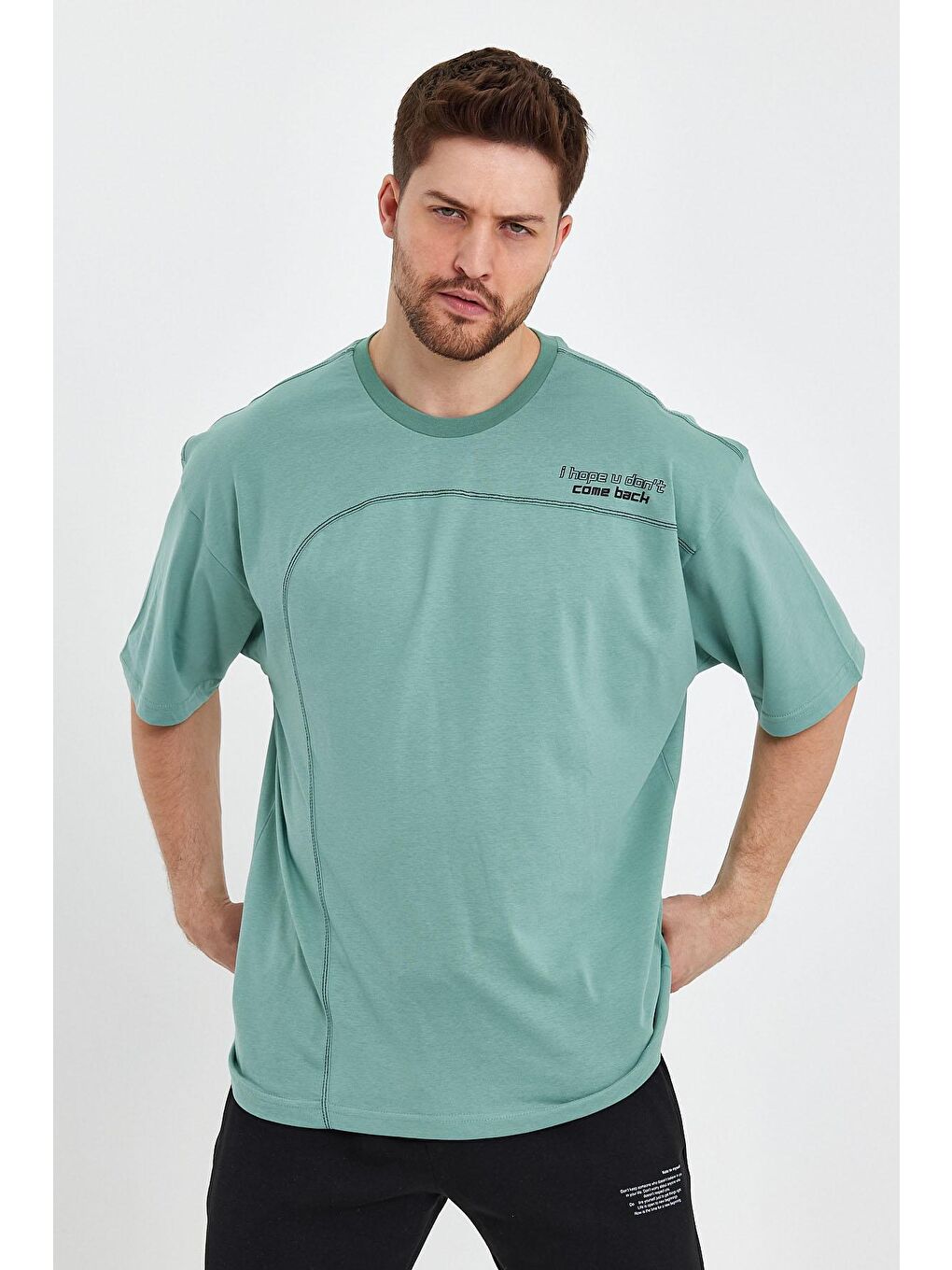 Yeşil Oversize Fit Bisiklet Yaka Dikiş Detaylı %100 Pamuk Baskılı Erkek Tişört RF0401-3