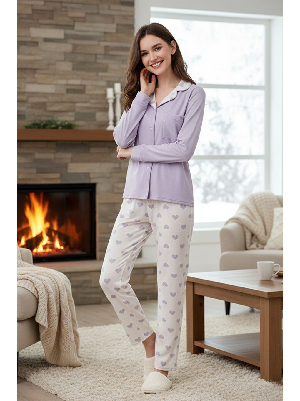 Kadın Kalp Desenli Önü Düğmeli Yumuşak Milan Kumaş Pijama Takımı 250385 Lila-3