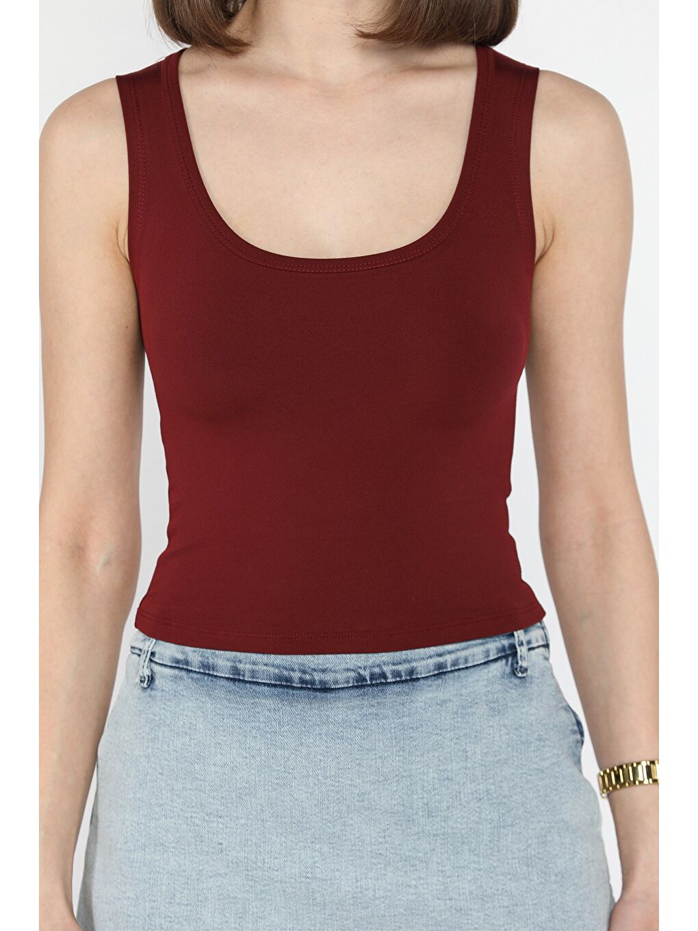 Bordo Kadın Modal Kumaş Sıfır Kol Elastanlı Crop Top Bluz-3