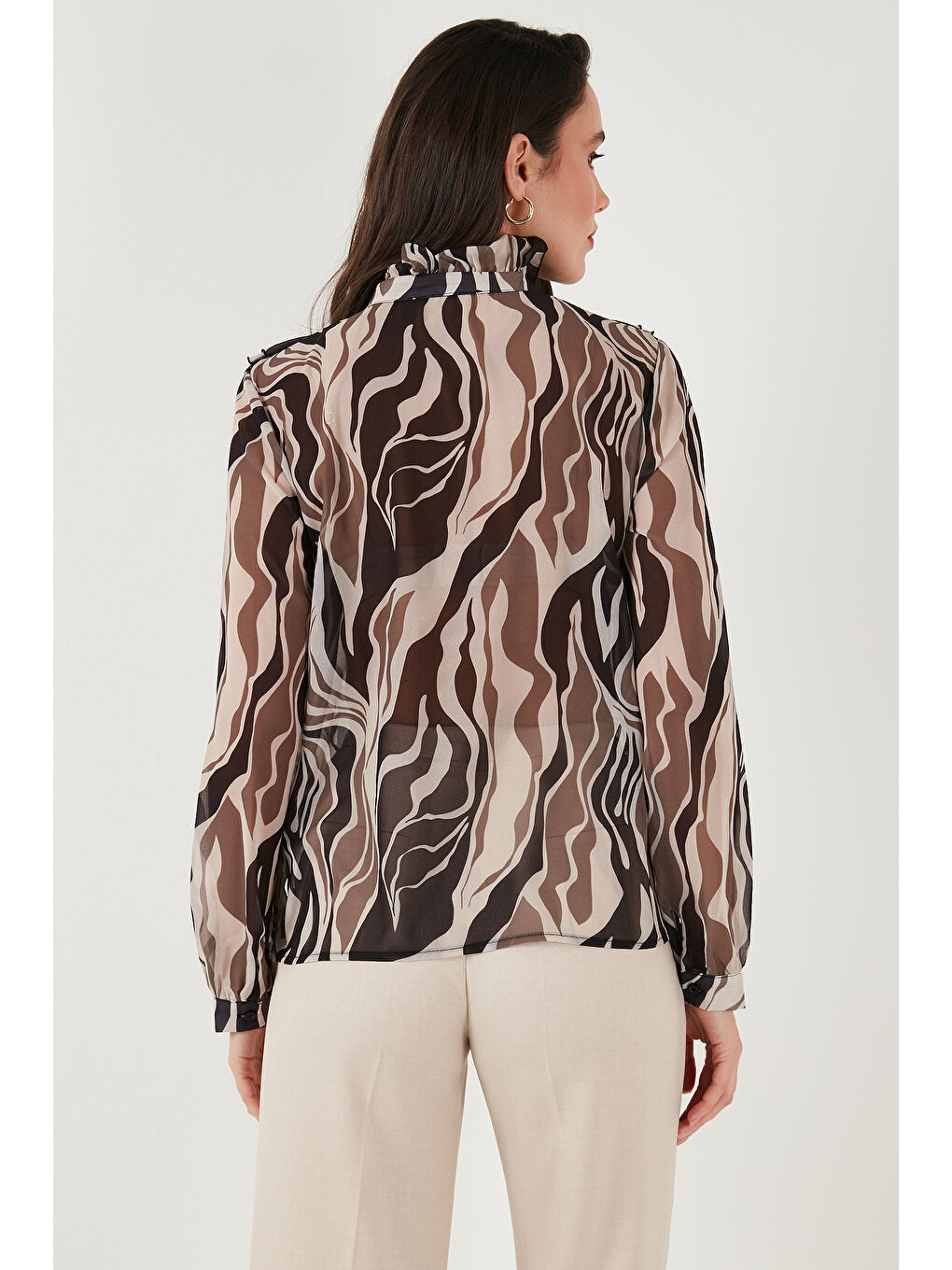 Haki Desenli Bağlamalı V Yaka Şifon Kadın Gömlek 611Go0192-6