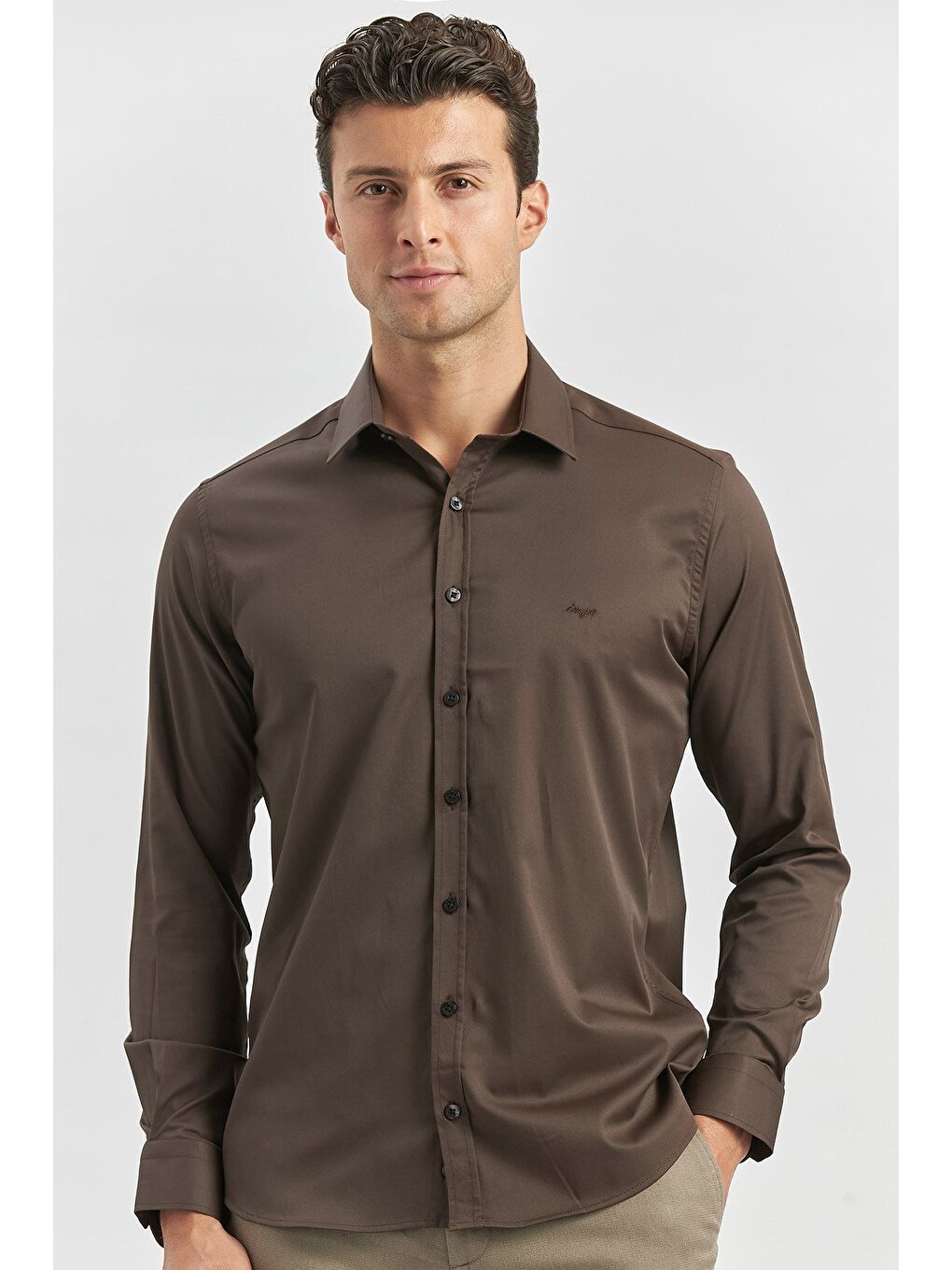 Koyu Kahverengi Uzun Kol Düz Bez Ayağı 032 Sert Yaka Classic Slim Fit Gömlek 1004240334
