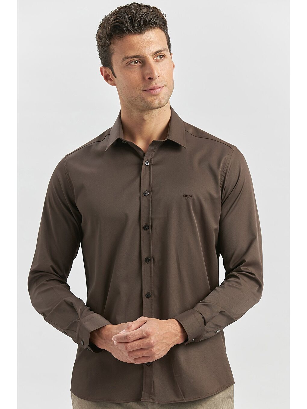 Koyu Kahverengi Uzun Kol Düz Bez Ayağı 032 Sert Yaka Classic Slim Fit Gömlek 1004240334-2
