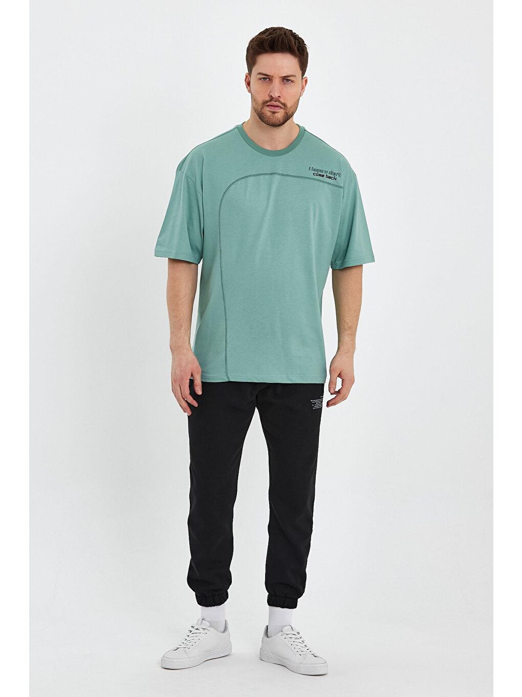 Yeşil Oversize Fit Bisiklet Yaka Dikiş Detaylı %100 Pamuk Baskılı Erkek Tişört RF0401-4