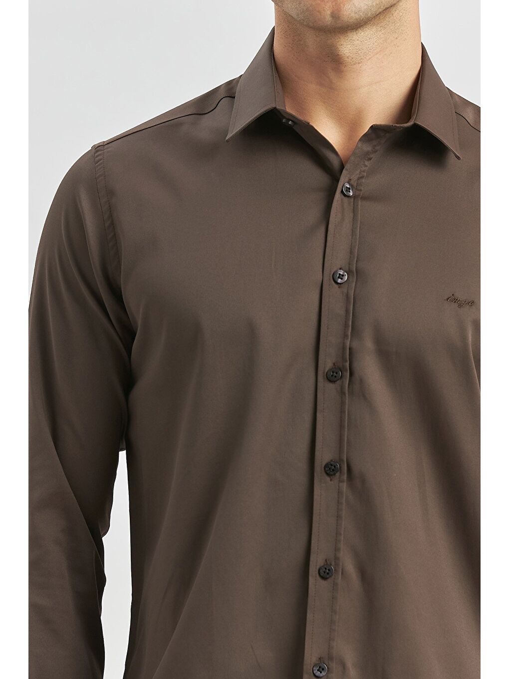 Koyu Kahverengi Uzun Kol Düz Bez Ayağı 032 Sert Yaka Classic Slim Fit Gömlek 1004240334-4
