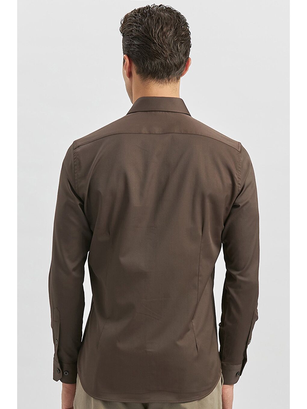 Koyu Kahverengi Uzun Kol Düz Bez Ayağı 032 Sert Yaka Classic Slim Fit Gömlek 1004240334-5