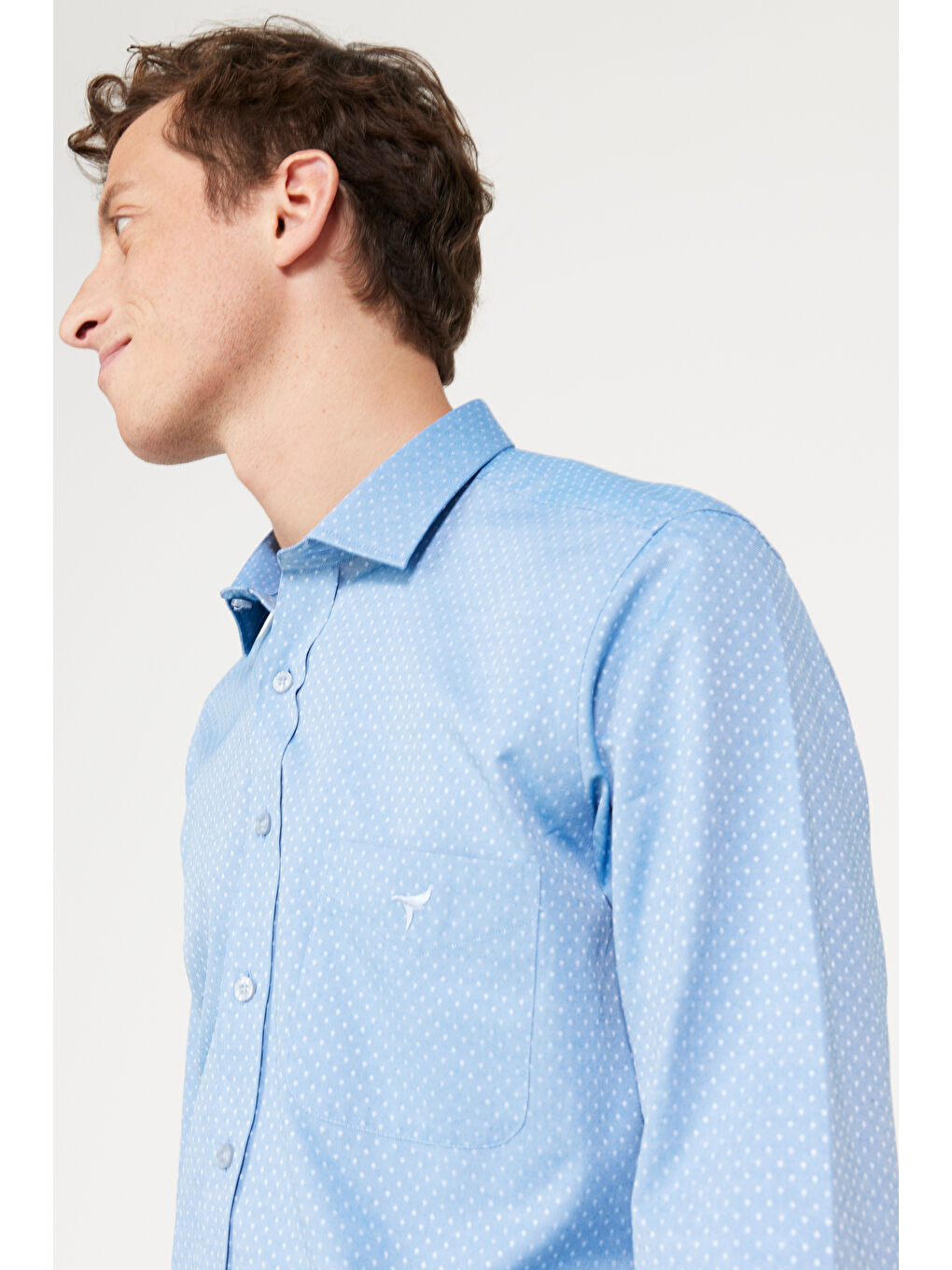 Erkek Mavi Slim Fit Dar Kesim Klasik Yaka Pamuklu Armürlü Gömlek-4