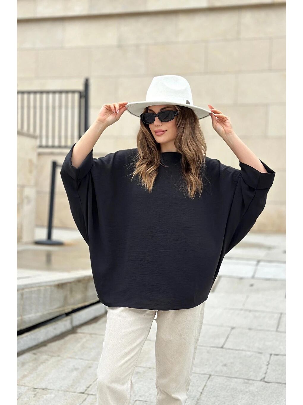 Siyah Duble Kol Yarasa Model Salaş Bluz İndigo-1