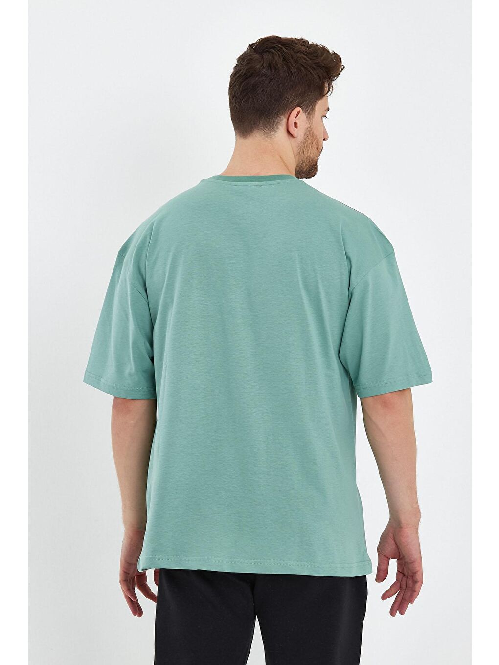 Yeşil Oversize Fit Bisiklet Yaka Dikiş Detaylı %100 Pamuk Baskılı Erkek Tişört RF0401-5