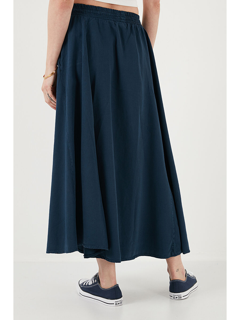 Lacivert Modest Pamuk Ve Keten Karışımlı Yüksek Bel Cepli Uzun Kiloş Tesettür Etek 668Yp4443-6