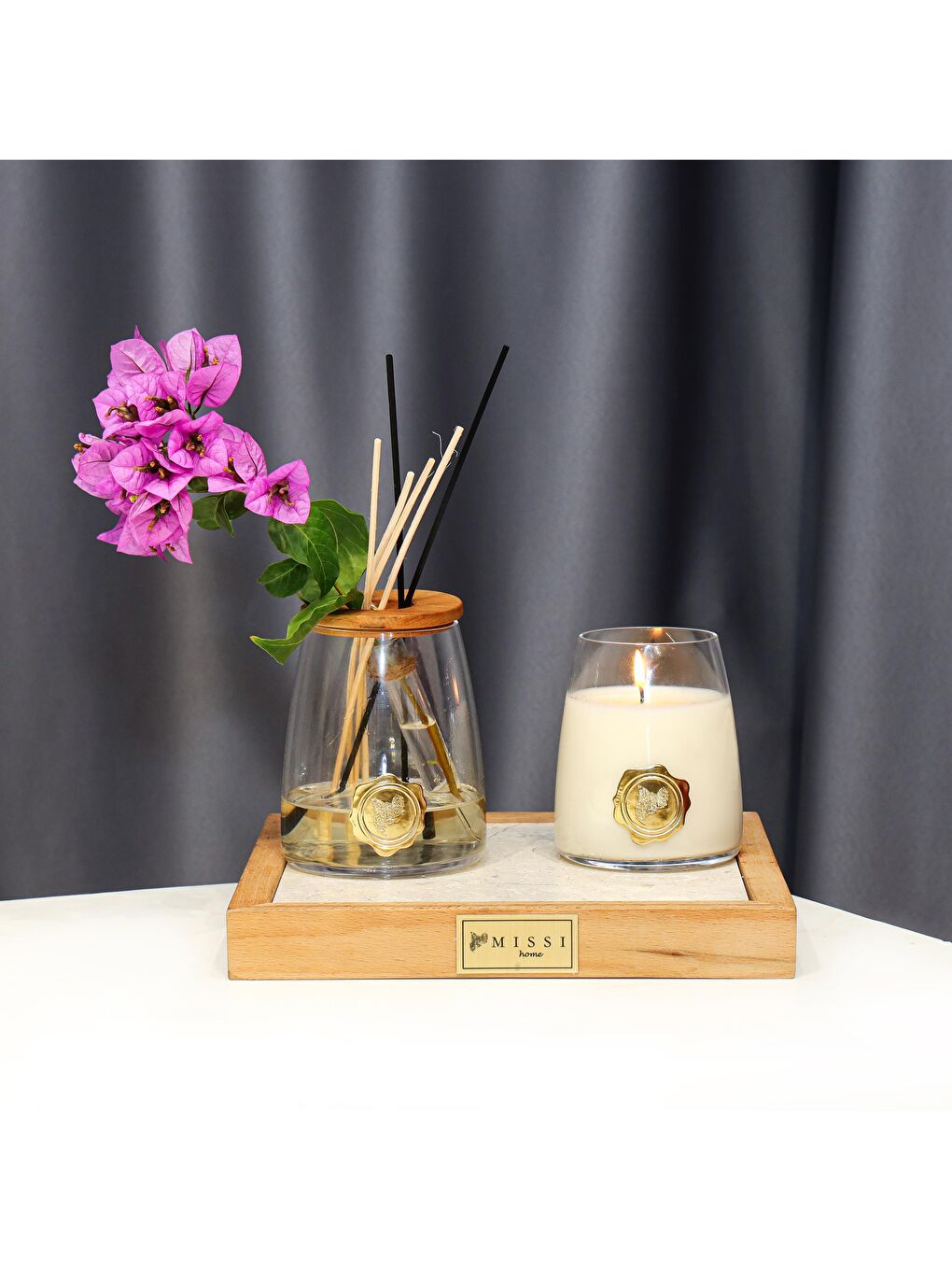 Ekru İncir-Nar Kokulu Aromatik Doğa Üçlüsü Set (Oda Kokusu-Vegan Mum-Vazo)-3