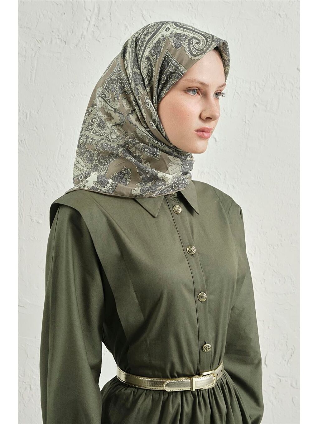 Haki Çiçek Eşarp 48 55-1