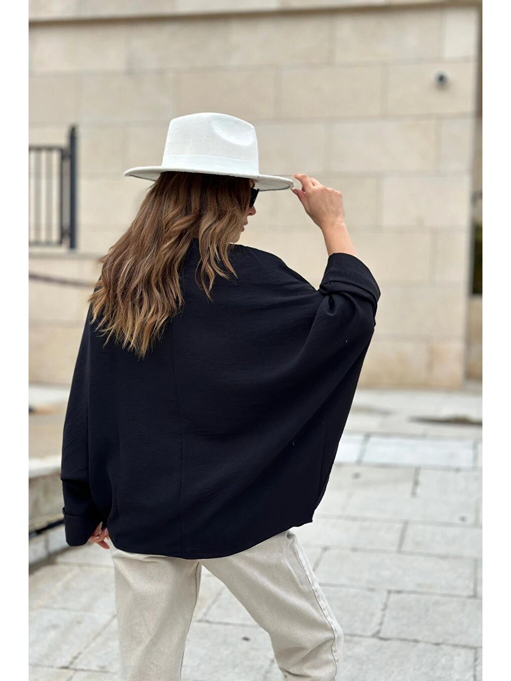 Siyah Duble Kol Yarasa Model Salaş Bluz İndigo-3