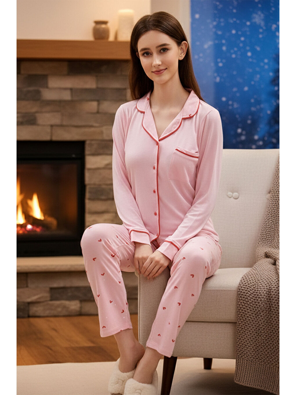 Kadın Kalp Desenli Önü Düğmeli Yumuşak Milan Kumaş Pijama Takımı 250359 Pembe01-3