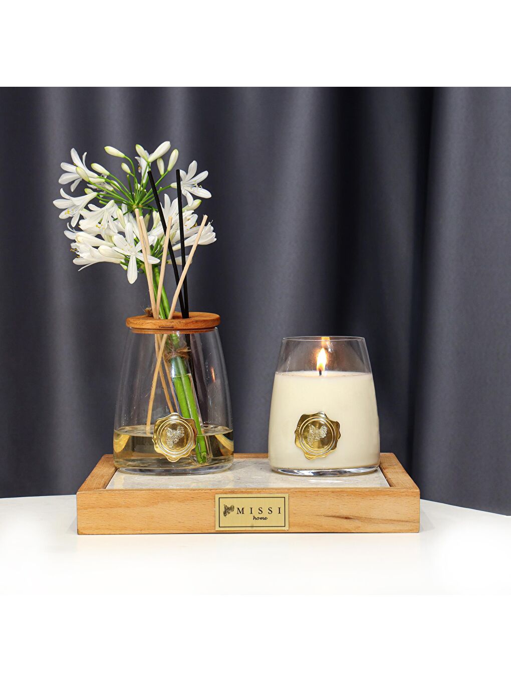 Ekru İncir-Nar Kokulu Aromatik Doğa Üçlüsü Set (Oda Kokusu-Vegan Mum-Vazo)-4