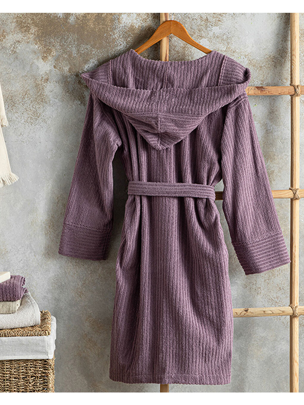 Stripe %100 Pamuklu Bornoz Mor-1