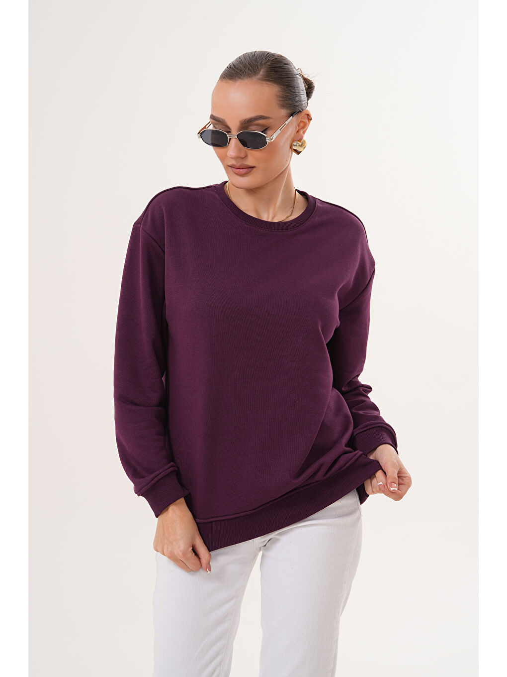 Mor Unisex Bisiklet Yaka %100 Pamuk Basic Sweatshirt