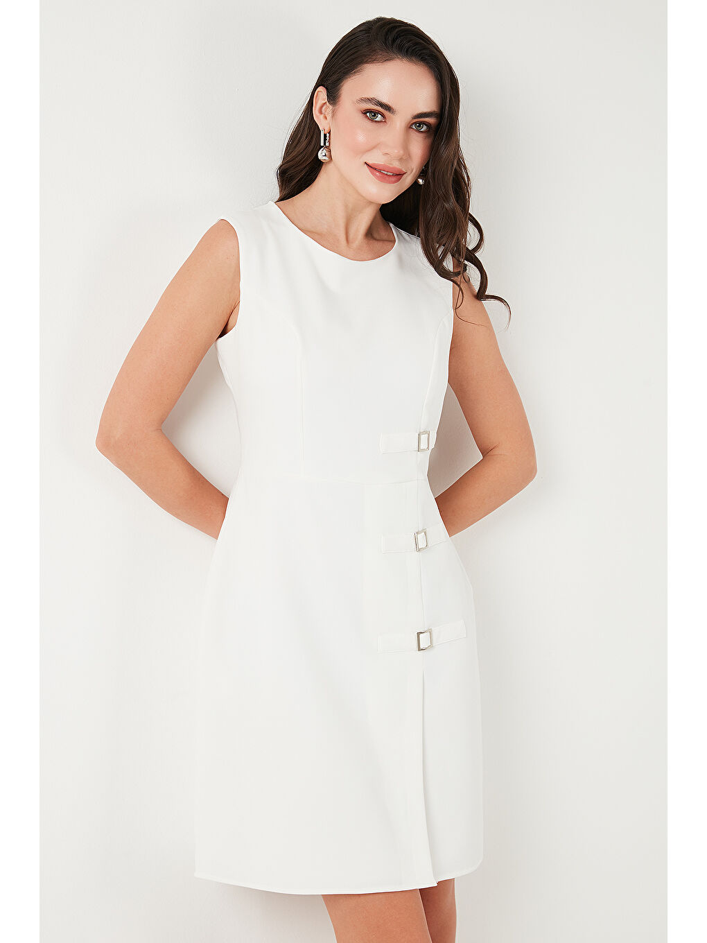Lela Ekru Standart Fit Kemerli Bisiklet Yaka Mini Kadın Elbise 611El1964 - 4