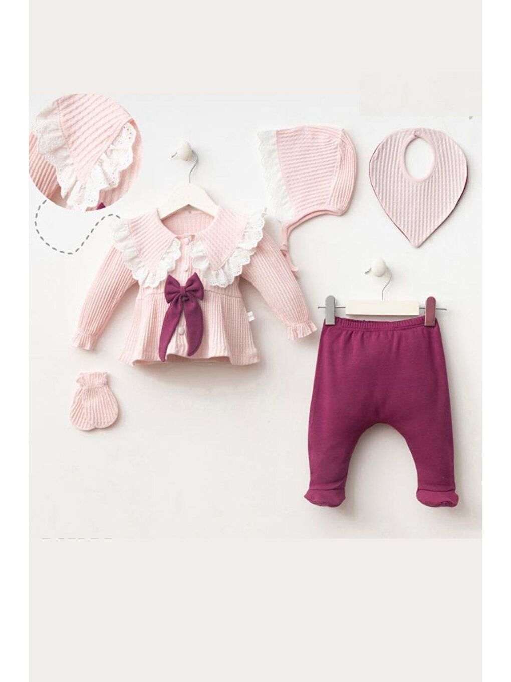 Mürdüm Kız Bebek Vintage Kurdele Ve Dantel 5'Li Hastane Çıkış Set-1