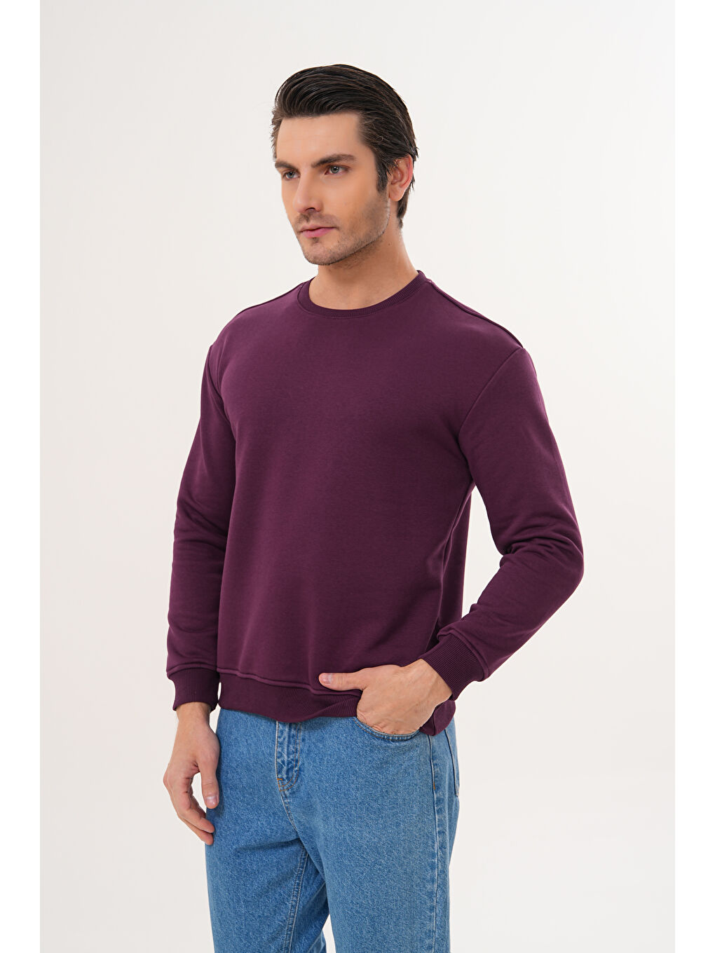 Mor Unisex Bisiklet Yaka %100 Pamuk Basic Sweatshirt-1