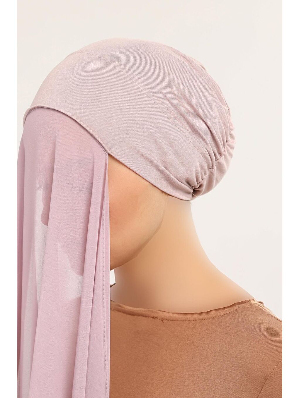 Pembe Hazır Pratik Lüks Geçmeli Lastikli Boneli Şifon Şal-1