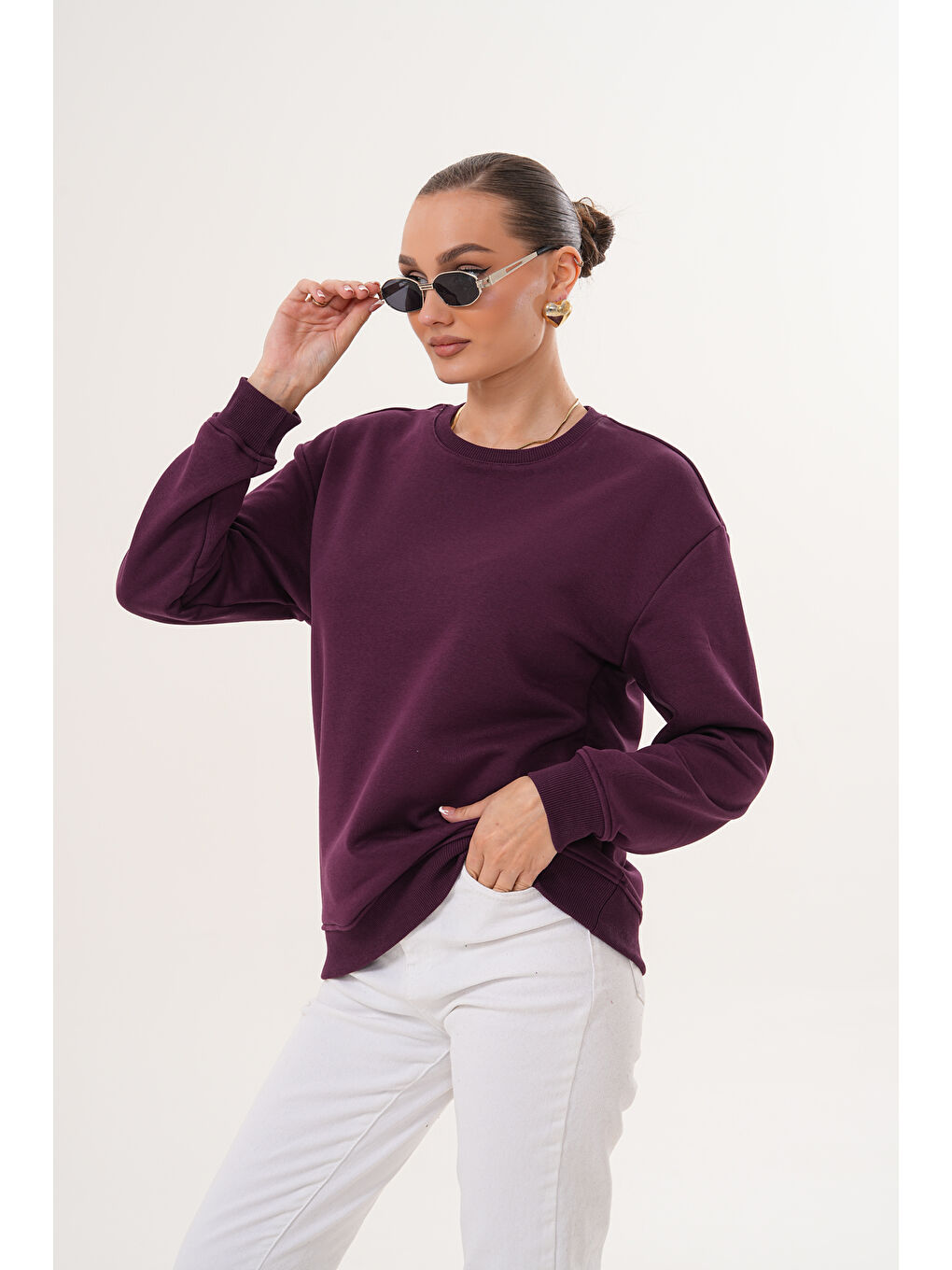 Mor Unisex Bisiklet Yaka %100 Pamuk Basic Sweatshirt-4