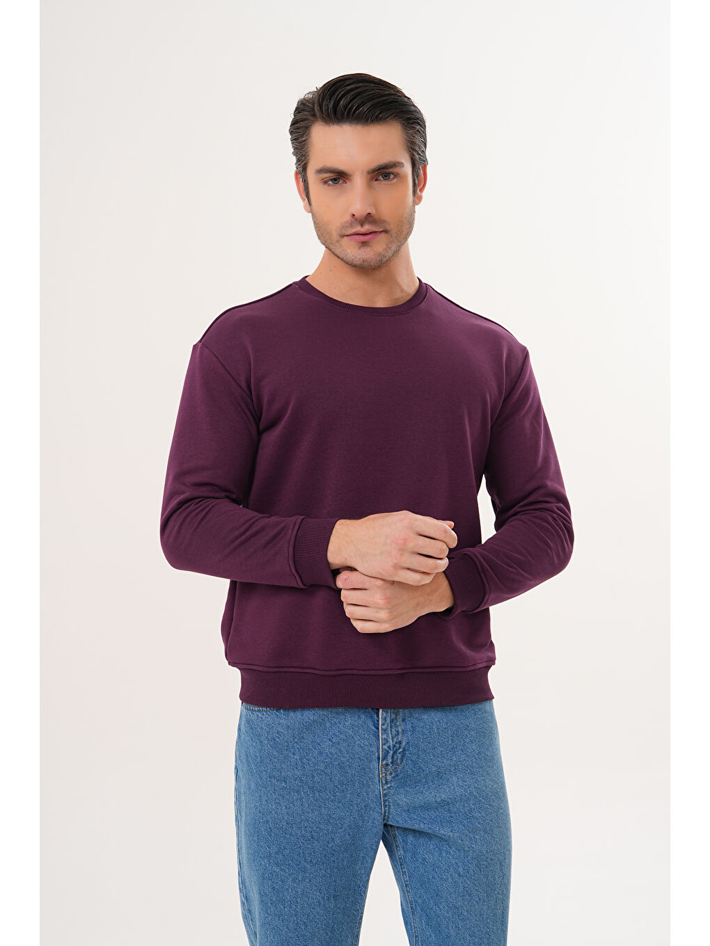 Mor Unisex Bisiklet Yaka %100 Pamuk Basic Sweatshirt-5