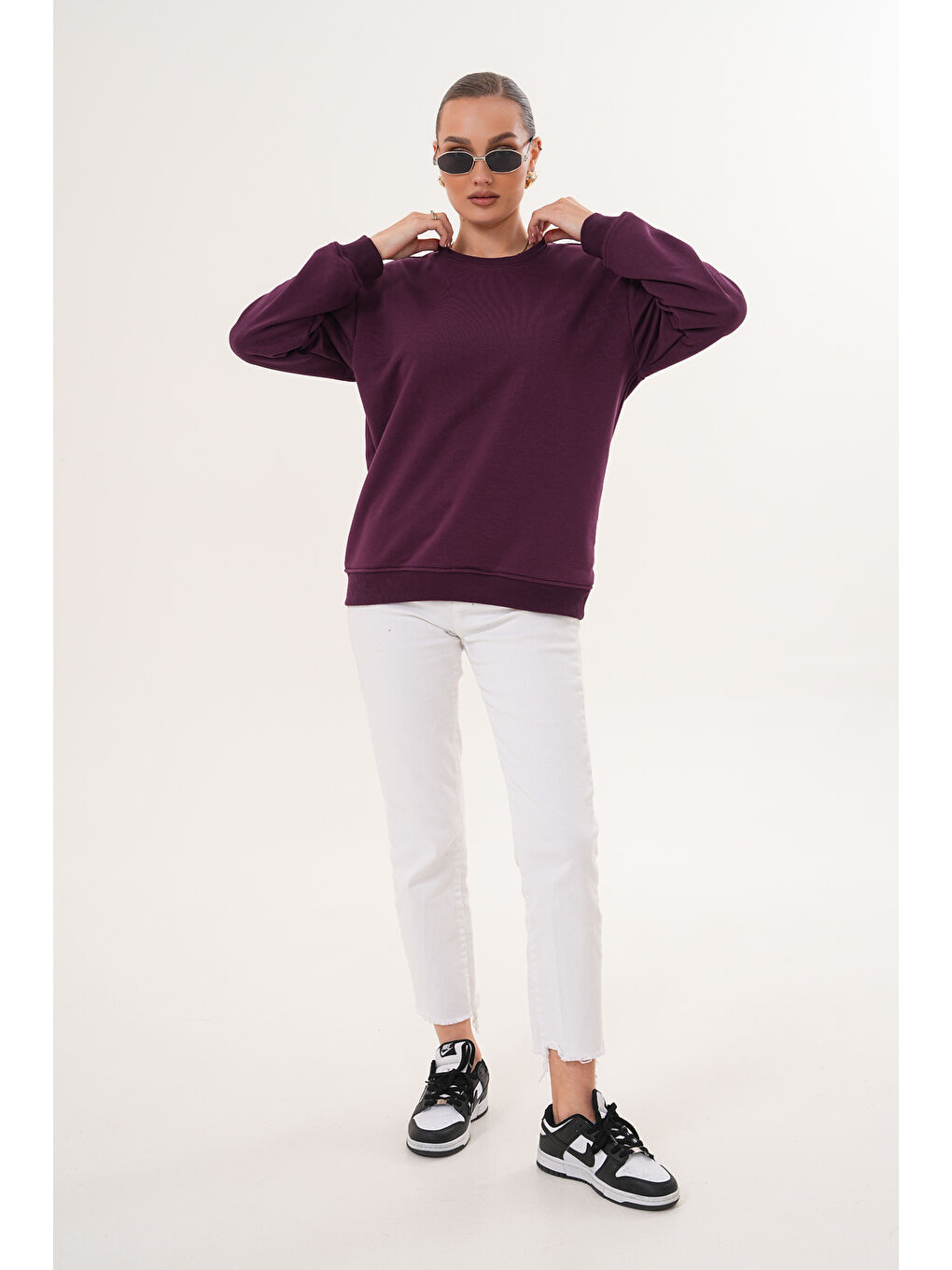 Mor Unisex Bisiklet Yaka %100 Pamuk Basic Sweatshirt-6