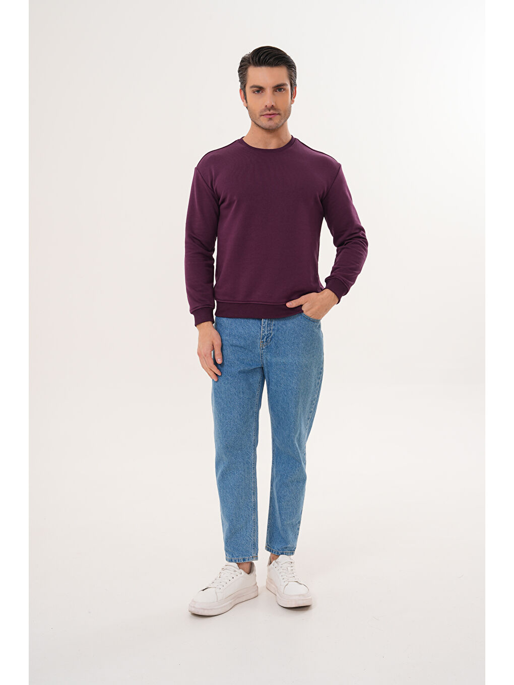 Mor Unisex Bisiklet Yaka %100 Pamuk Basic Sweatshirt-7