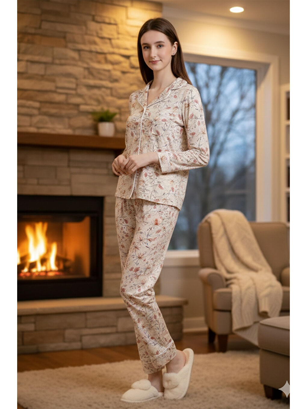 Ekru Kadın Çiçek Desenli Önü Düğmeli Yumuşak Milan Kumaş Pijama Takımı 250347-6 Krem-3