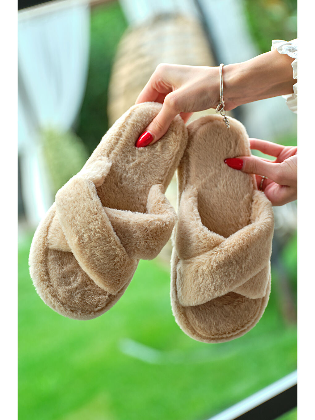 Ekru Kadın Krem Çapraz Pelüş Ev Terliği-3