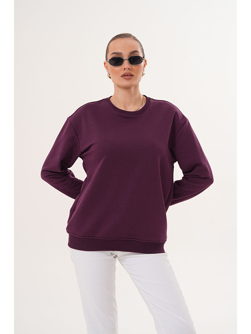 Mor Unisex Bisiklet Yaka %100 Pamuk Basic Sweatshirt-8