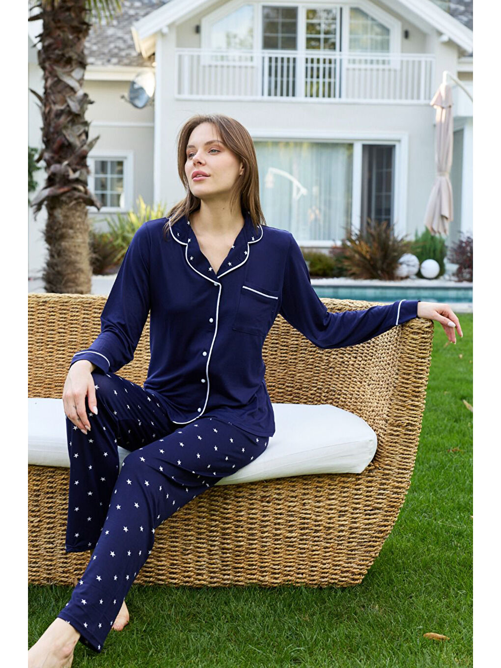 Kadın Yıldız Desenli Önü Düğmeli Yumuşak Milan Kumaş Pijama Takımı 250383 Lacivert
