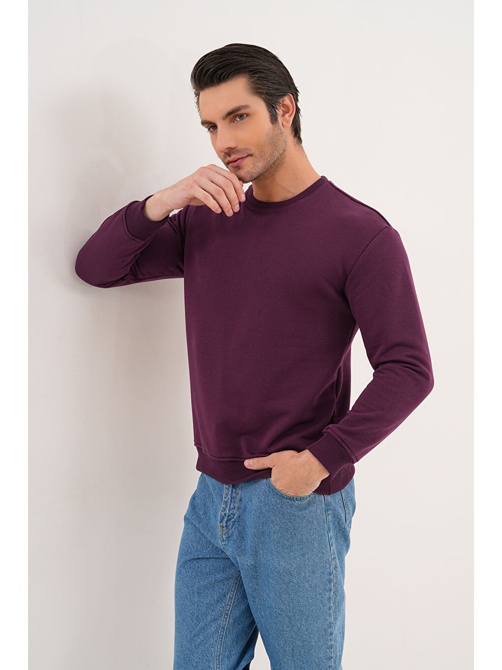 Mor Unisex Bisiklet Yaka %100 Pamuk Basic Sweatshirt-9