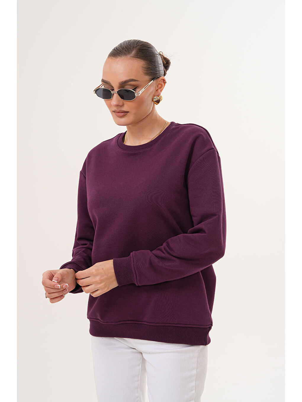 Mor Unisex Bisiklet Yaka %100 Pamuk Basic Sweatshirt-10