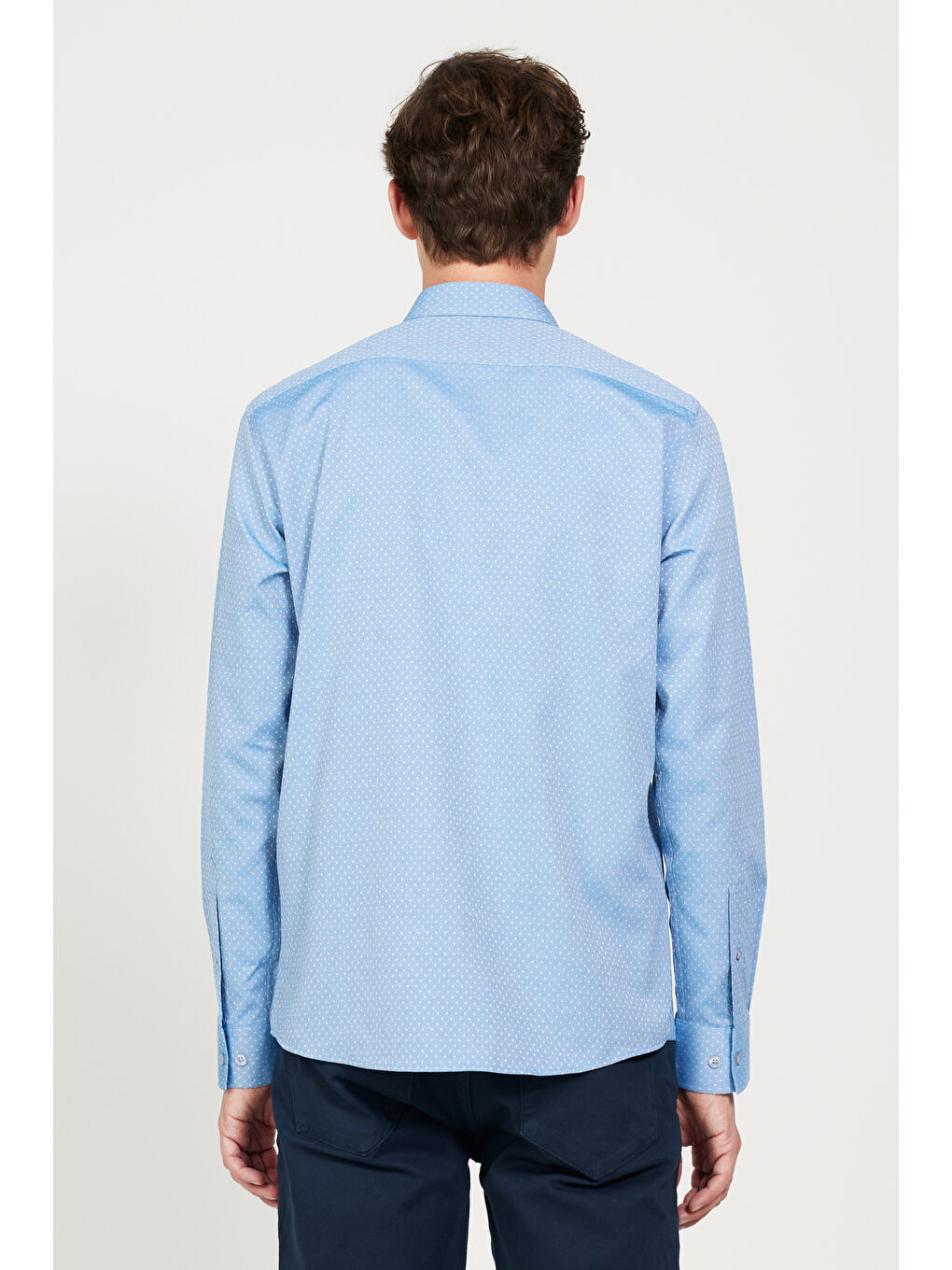 Erkek Mavi Slim Fit Dar Kesim Klasik Yaka Pamuklu Armürlü Gömlek-6