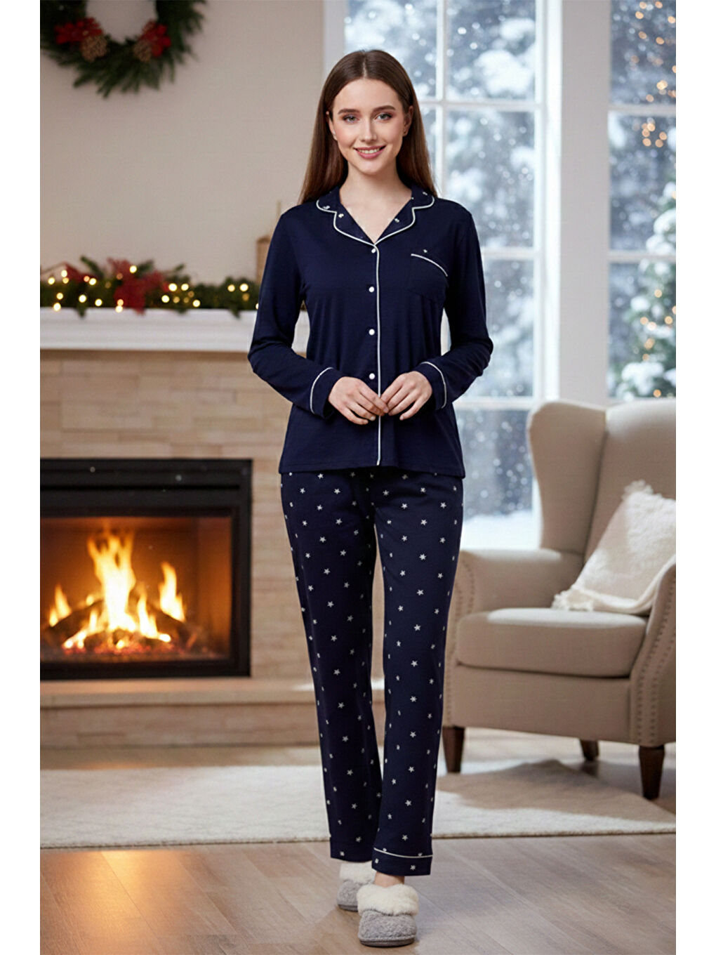 Kadın Yıldız Desenli Önü Düğmeli Yumuşak Milan Kumaş Pijama Takımı 250383 Lacivert-3