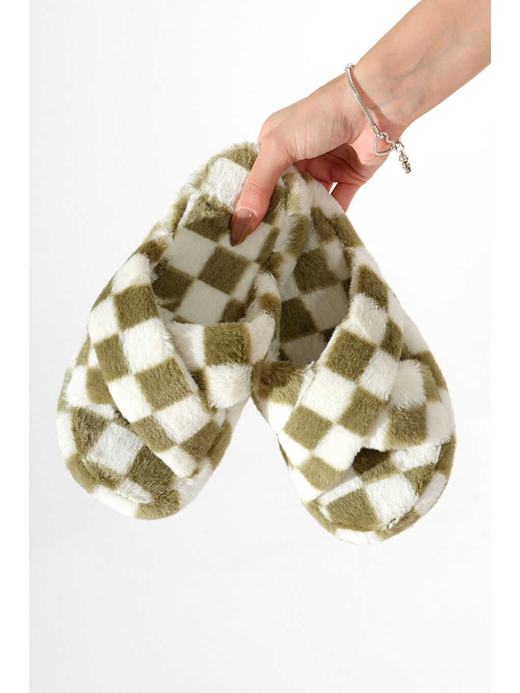 Kadın Yeşil Kroko Desenli Çapraz Pelüş Ev Terliği-1