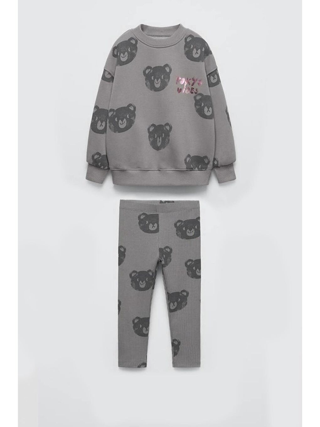Gri Kız Çocuk Parlak Yazı Baskılı 3 İplik Kumaş Pamuklu Alt Üst Takım
