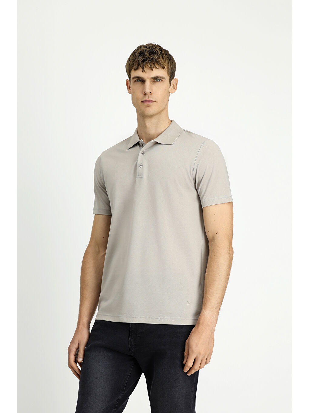 Gri Polo Yaka Regular Fit Nakışlı Pamuklu Büyük Beden Tişört