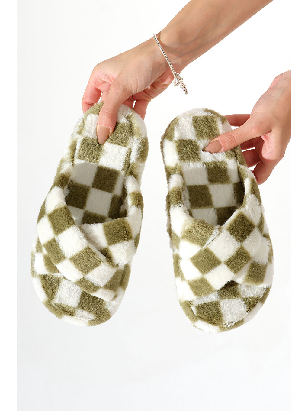 Kadın Yeşil Kroko Desenli Çapraz Pelüş Ev Terliği-2