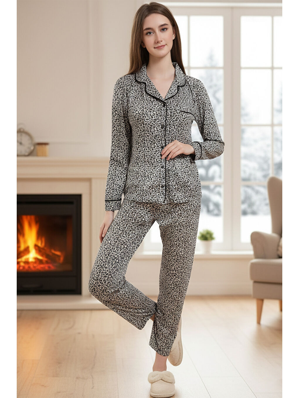 Yeşil Kadın Leopar Desenli Önü Düğmeli Yumuşak Milan Kumaş Pijama Takımı 250347-5 Mint-3