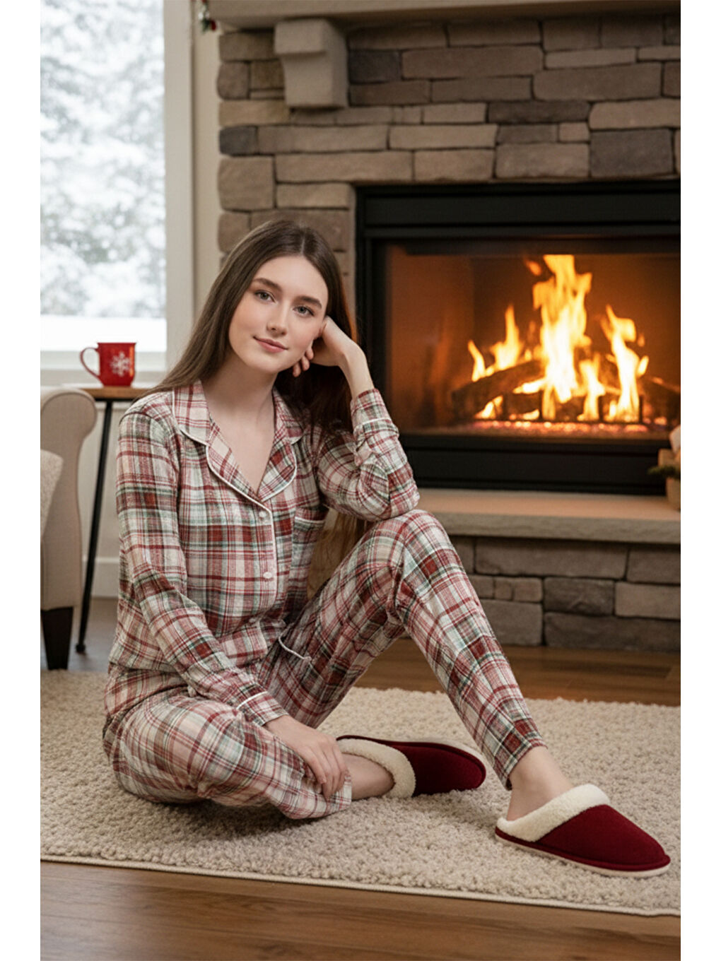 Kadın Ekose Desenli Önü Düğmeli Yumuşak Milan Kumaş Pijama Takımı 250347-1 Bej-3