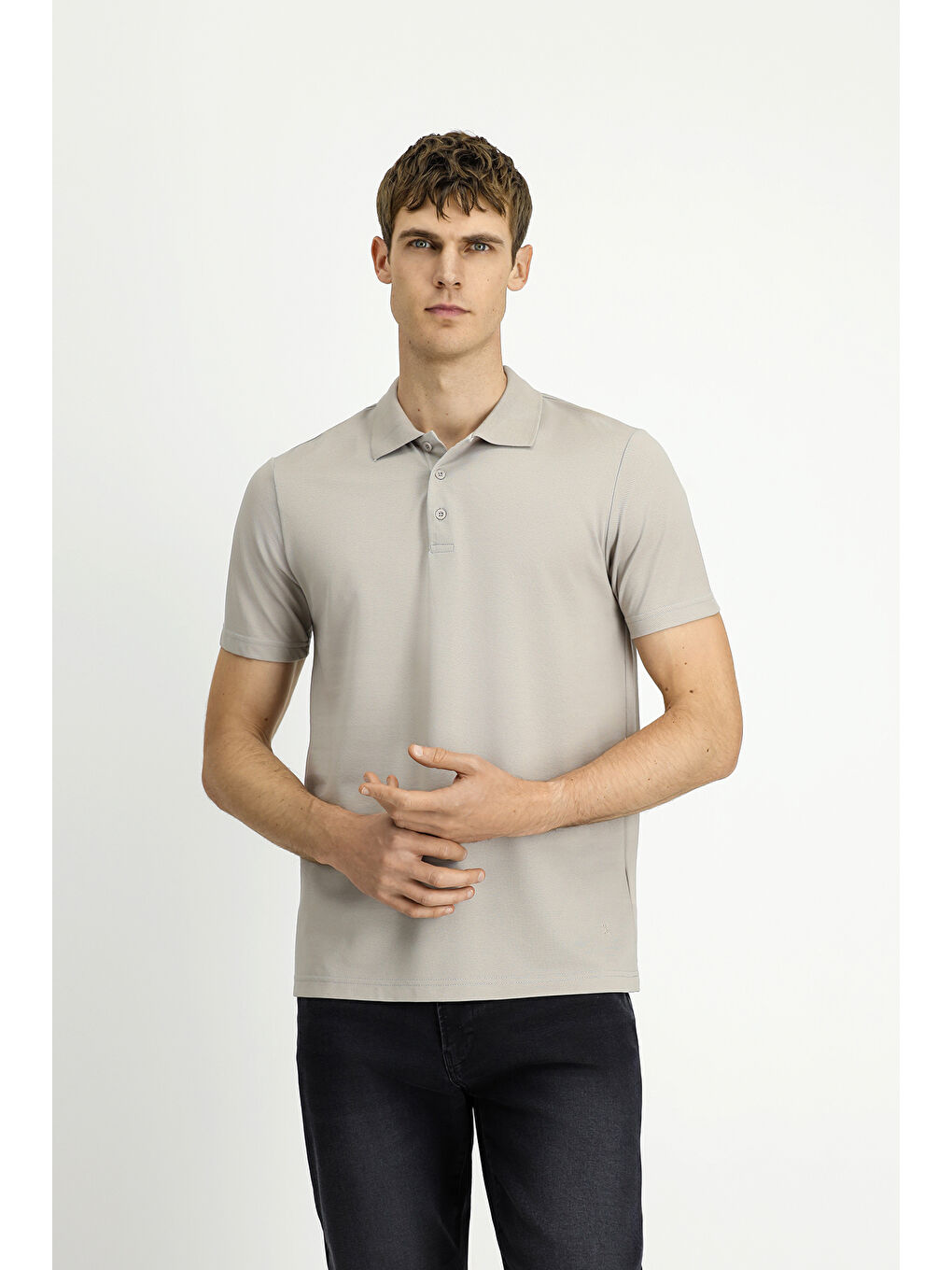 Gri Polo Yaka Regular Fit Nakışlı Pamuklu Büyük Beden Tişört-5