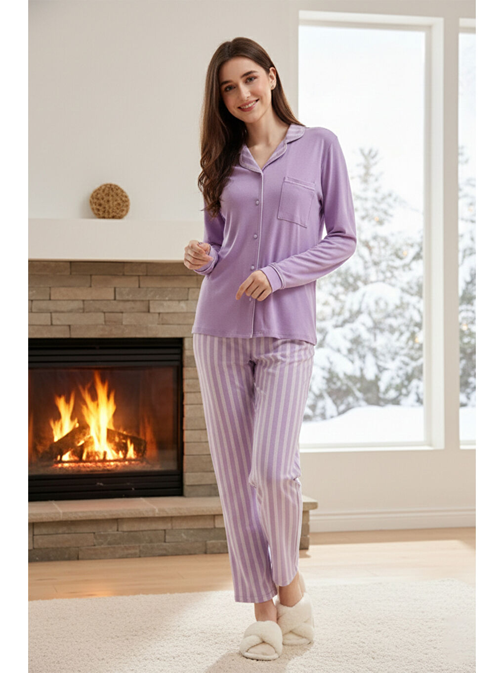 Kadın Desenli Önü Düğmeli Yumuşak Milan Kumaş Pijama Takımı 250378 Lila01-1