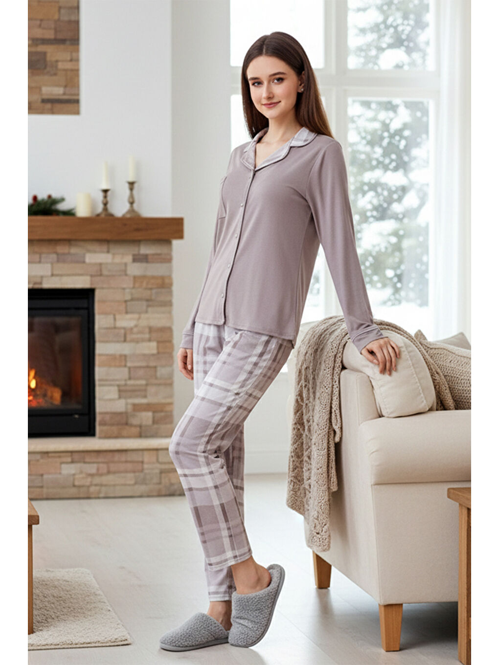 Kahverengi Kadın Desenli Önü Düğmeli Yumuşak Milan Kumaş Pijama Takımı 250374 Koyu Vizon-1