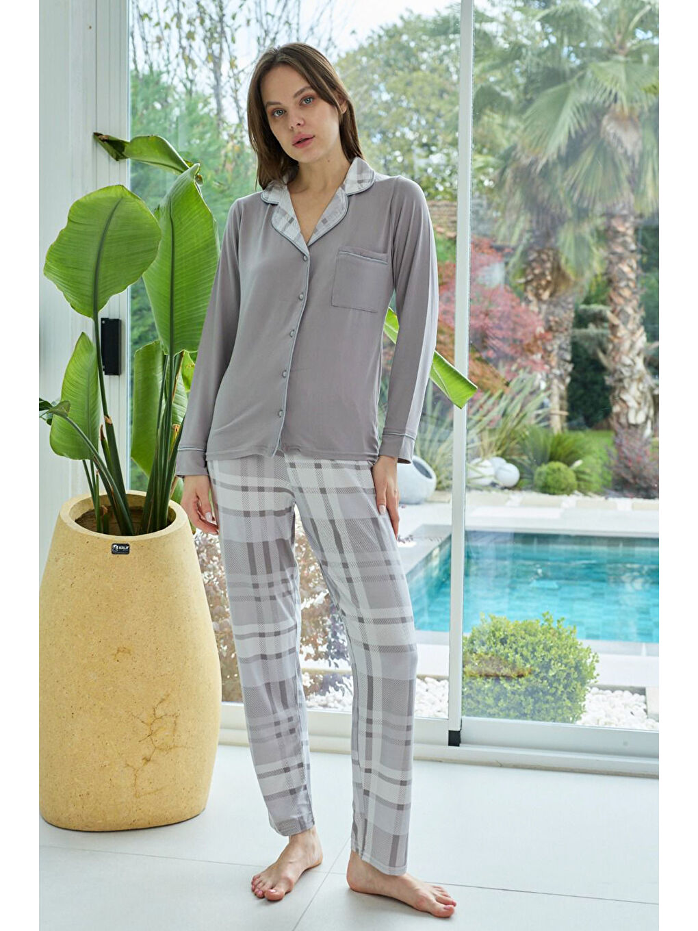 Kahverengi Kadın Desenli Önü Düğmeli Yumuşak Milan Kumaş Pijama Takımı 250374 Koyu Vizon-2