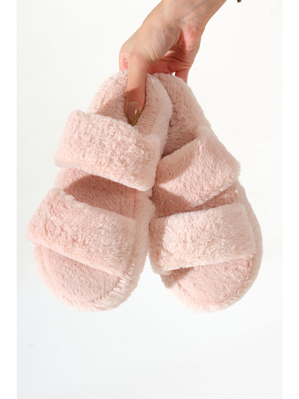 Kadın Pembe Çift Bantlı Pelüş Ev Terliği-1