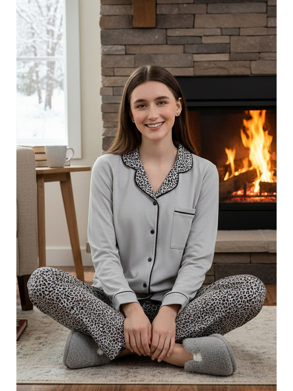 Yeşil Kadın Leopar Desenli Önü Düğmeli Yumuşak Milan Kumaş Pijama Takımı 250347-2 Mint-1