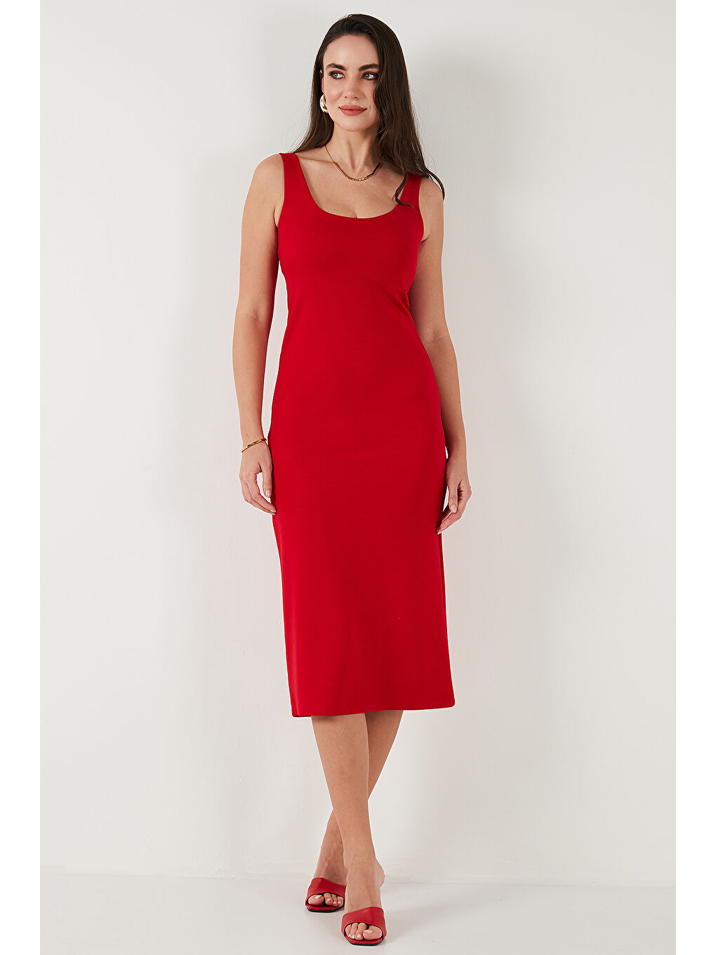Kırmızı Slim Fit Kalın Askılı Midi Kadın Elbise 5866154-4