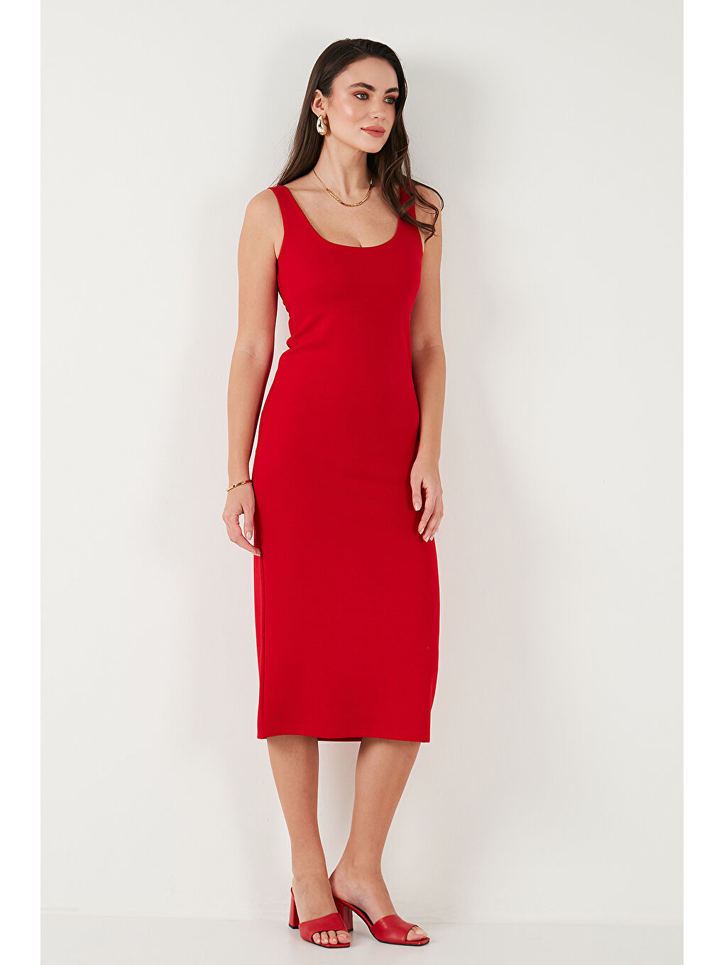Kırmızı Slim Fit Kalın Askılı Midi Kadın Elbise 5866154-5